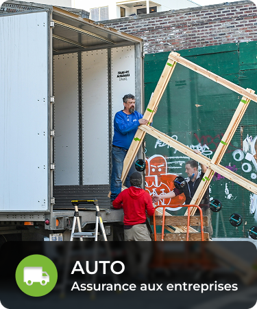 P&C Commercial_LineCarousel_Auto Movers carrying a wooden frame into a truck. Bottom menu says Auto, a P&C Commercial insurance line offered by Olivo.
