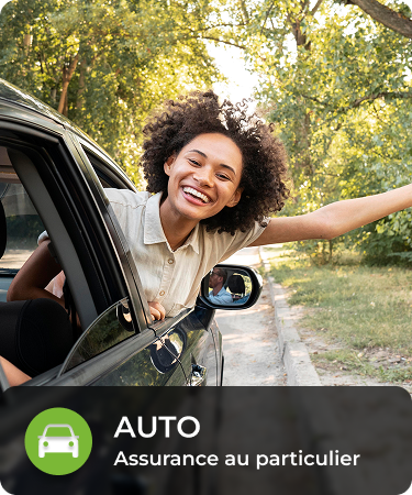 P&C Personal_LineCarousel_Auto Woman hangs out side of car with arm outstretched, smiling. Bottom menu says Auto, a P&C personal insurance line offered by Olivo.
