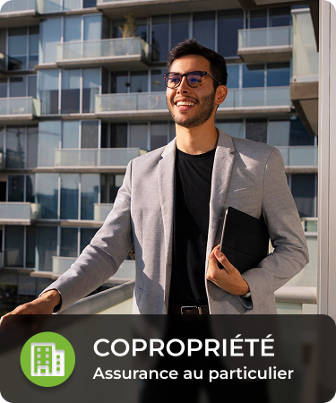 P&C Personal_LineCarousel_Condo Young man on balcony smiling while holding a tablet. Bottom menu says Condo, a P&C personal insurance line offered by Olivo.