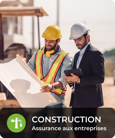 P&C Commercial_LineCarousel_Construction Business man talking to construction worker, who is holding a building plan. Bottom menu says Construction, a P&C Commercial insurance line offered by Olivo.
