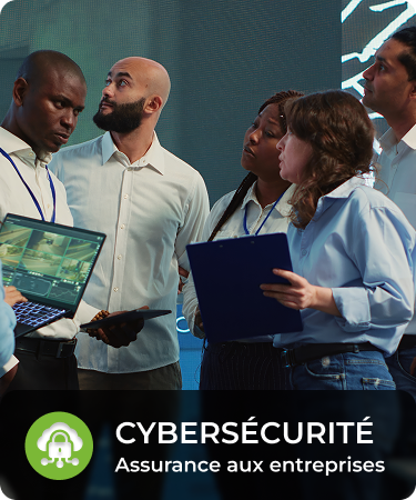 P&C Commercial_LineCarousel_Cyber Group of business people having a serious discussion. Bottom menu says Cyber security, a P&C Commercial insurance line offered by Olivo.