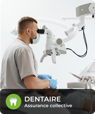 Dentist looking through magnifying equipment. Bottom menu says Dental, a group life and health insurance line offered by Olivo.