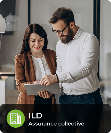 Woman and man looking at tablet. Bottom menu says LTD, a group life and health insurance line offered by Olivo.
