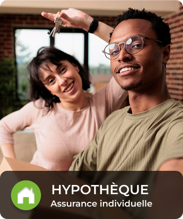 Couple looks at viewer, showing off their new keys. Bottom menu says mortgage, a individual life and health insurance line offered by Olivo.