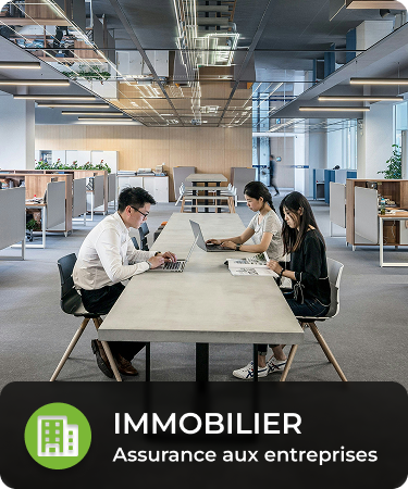 P&C Commercial_LineCarousel_Property Three people working in an open office space. Bottom menu says Property, a P&C Commercial insurance line offered by Olivo.