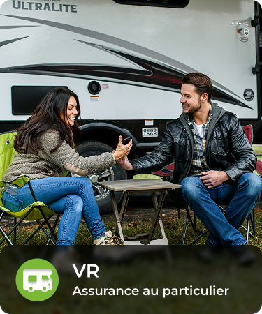 P&C Personal_LineCarousel_RV Two people looking at a phone, sitting in front of an RV. Bottom menu says RV, a P&C personal insurance line offered by Olivo.