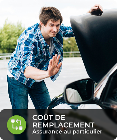 P&C Personal_LineCarousel_RP Guy looking forward, putting his hand up in from of a broken car. Bottom menu says Replacement Cost, a P&C personal insurance line offered by Olivo.