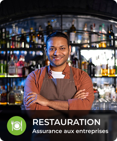 P&C Commercial_LineCarousel_Resto Man in foreground crossing his arms with a smile, in front of a bar. Bottom menu says Restaurant, a P&C Commercial insurance line offered by Olivo.