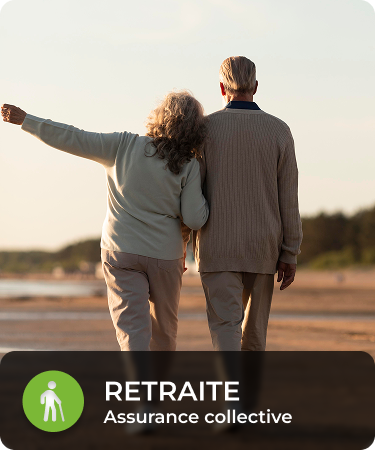Elderly couple walking on beach. Bottom menu says Retirement, a group life and health insurance line offered by Olivo.
