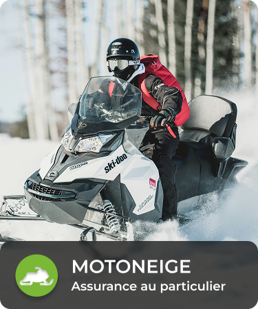 P&C Personal_LineCarousel_Snowmobile Person riding a ski-doo in the winter. Bottom menu says Snowmobile, a P&C personal insurance line offered by Olivo.