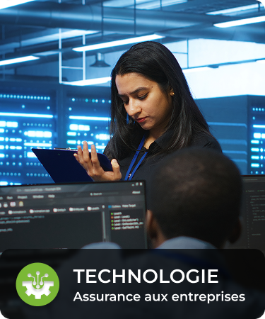 P&C Commercial_LineCarousel_Tech Woman looking at tablet, surrounded by computers. Bottom menu says Tech company, a P&C Commercial insurance line offered by Olivo.